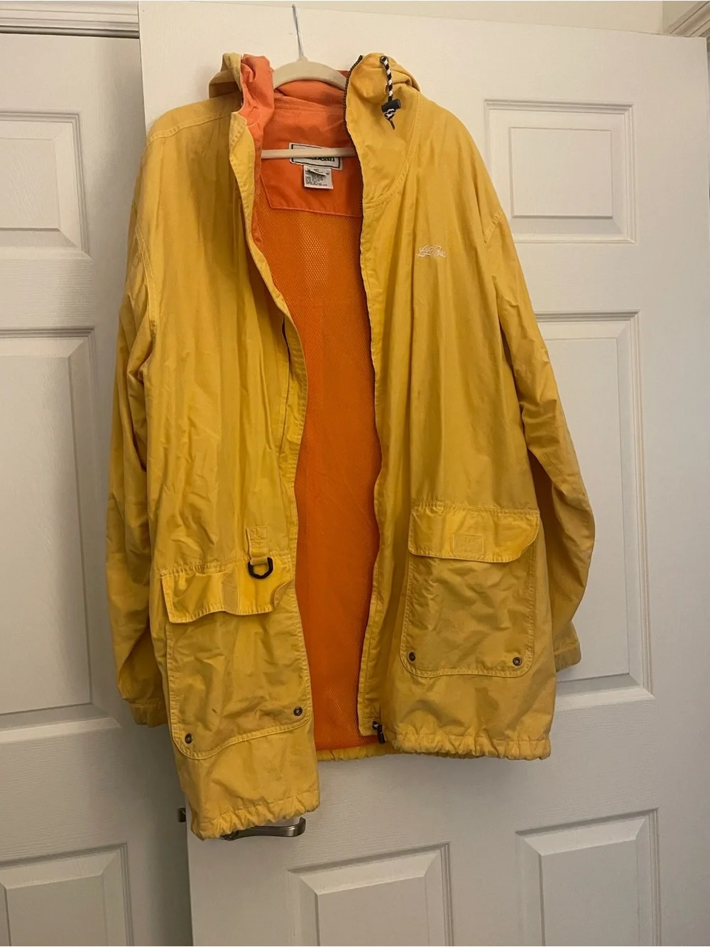 L.L. Bean Yellow Hooded Raincoat with Orange Lining